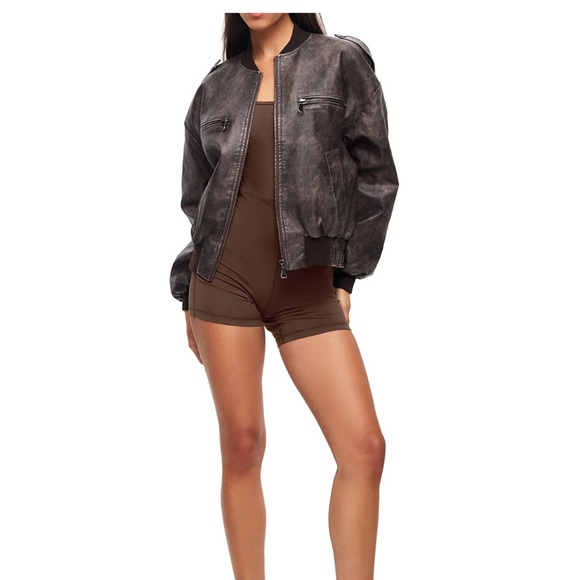 NWT XS Lioness Casey Distressed Black/Brown Faux Leather Oversized Bomber Jacket - Picture 4 of 5